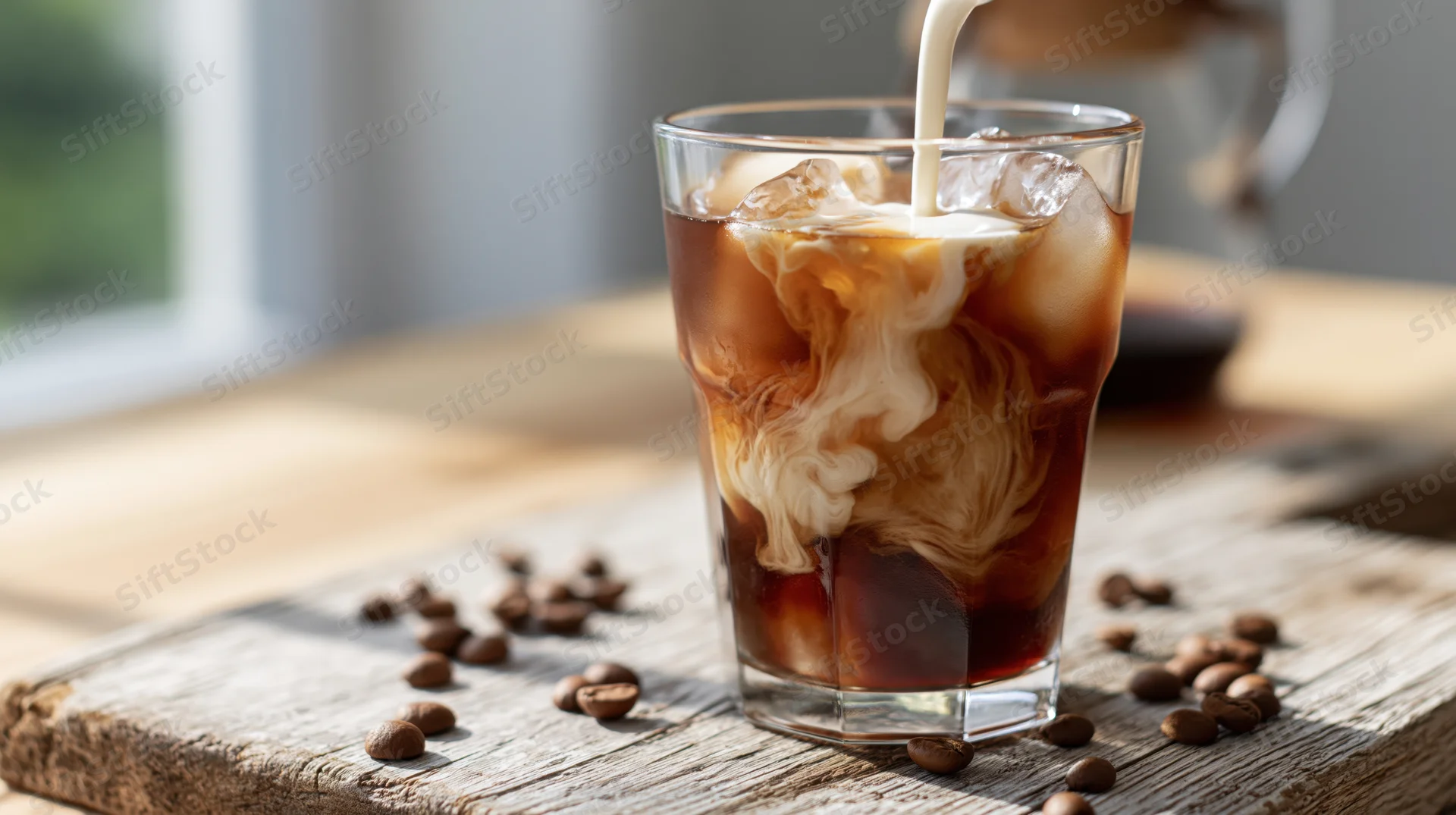 Cream being poured into iced coffee glass with swirling pattern on wooden tray surrounded by coffee beans