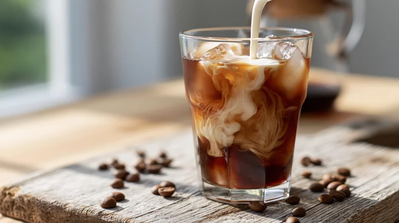 Cream being poured into iced coffee glass with swirling pattern on wooden tray surrounded by coffee beans