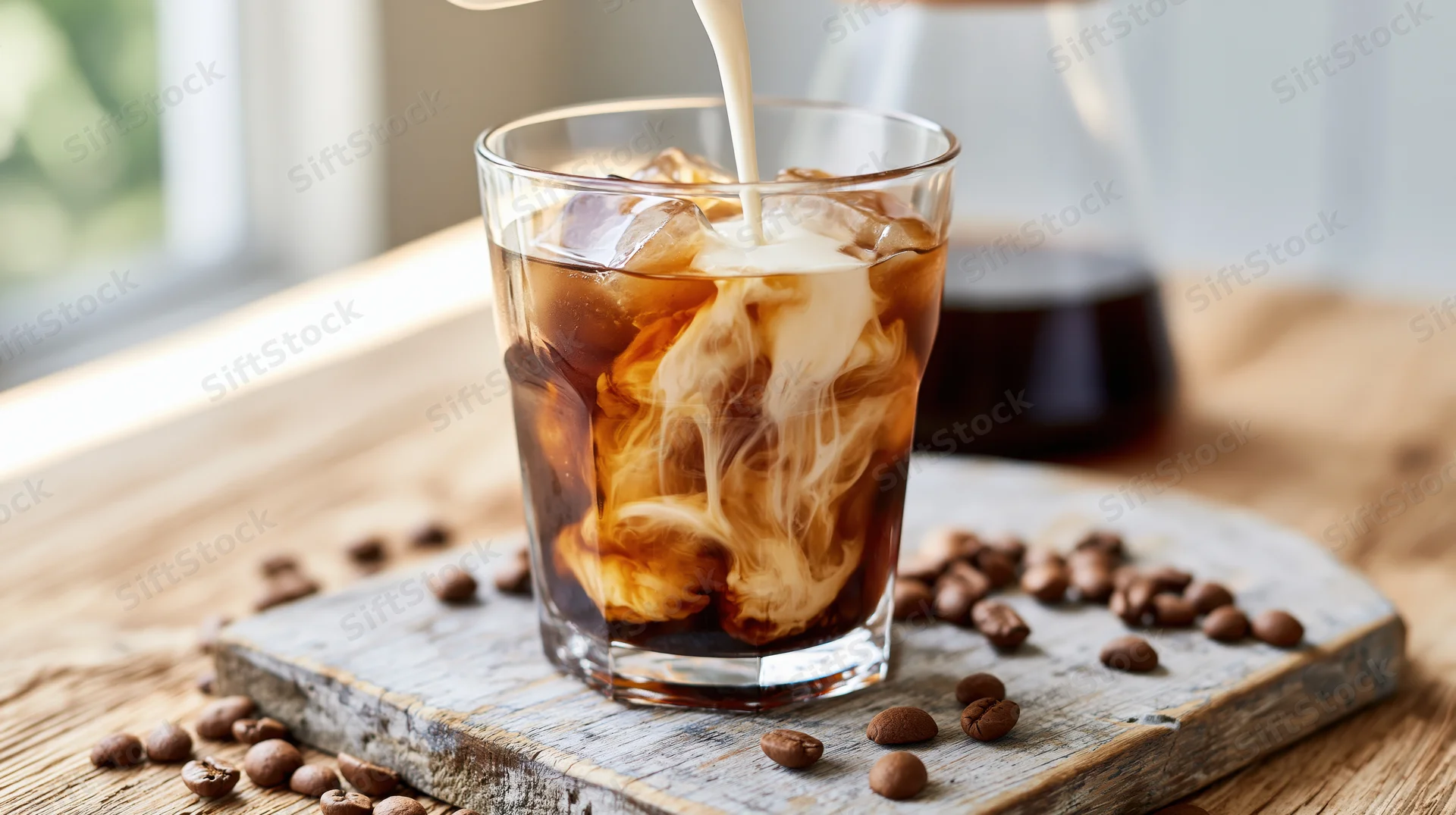 Cream being poured into iced coffee glass with swirling pattern on wooden tray surrounded by coffee beans