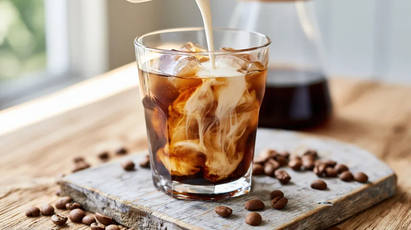 Cream being poured into iced coffee glass with swirling pattern on wooden tray surrounded by coffee beans