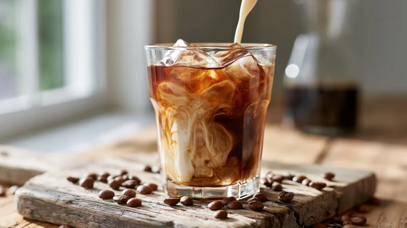 Cream being poured into iced coffee glass with swirling pattern on wooden surface near window