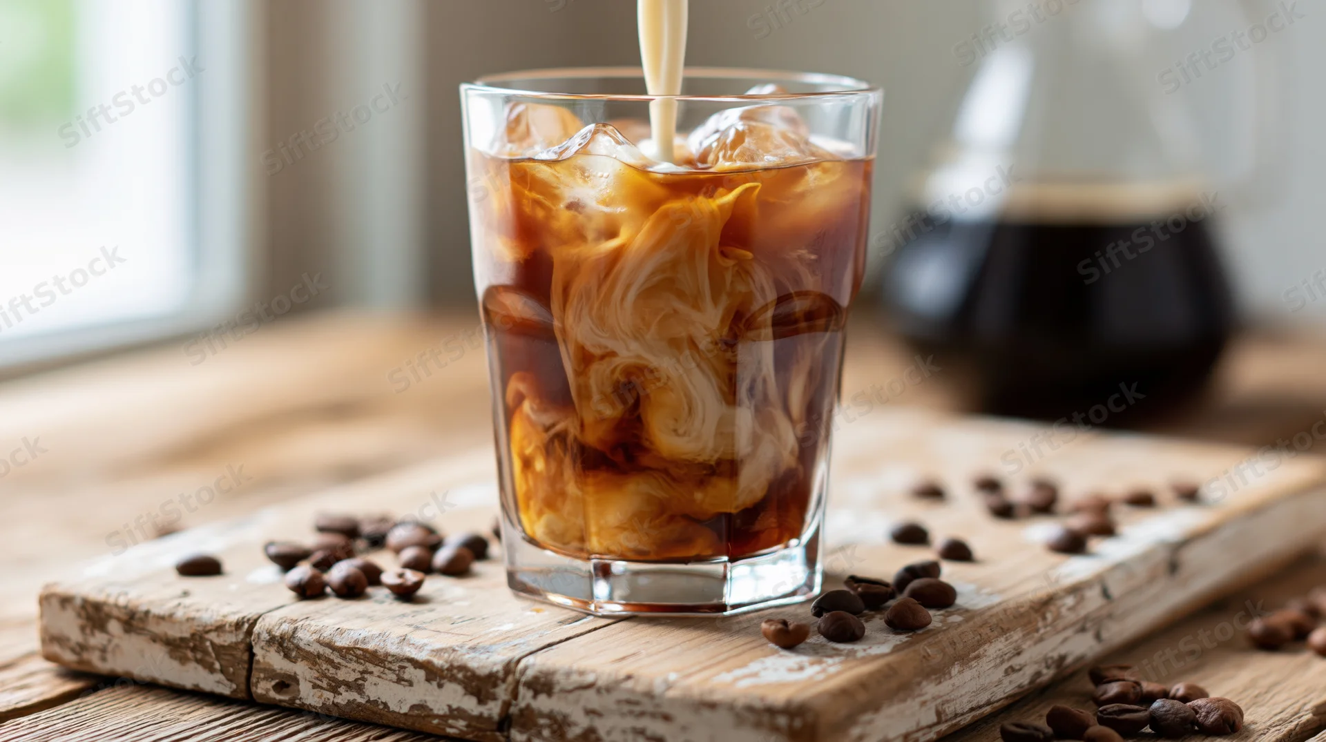Cream being poured into iced coffee glass with ice and coffee beans on wooden board