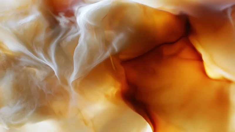 Cream swirling into iced coffee creating abstract fluid patterns