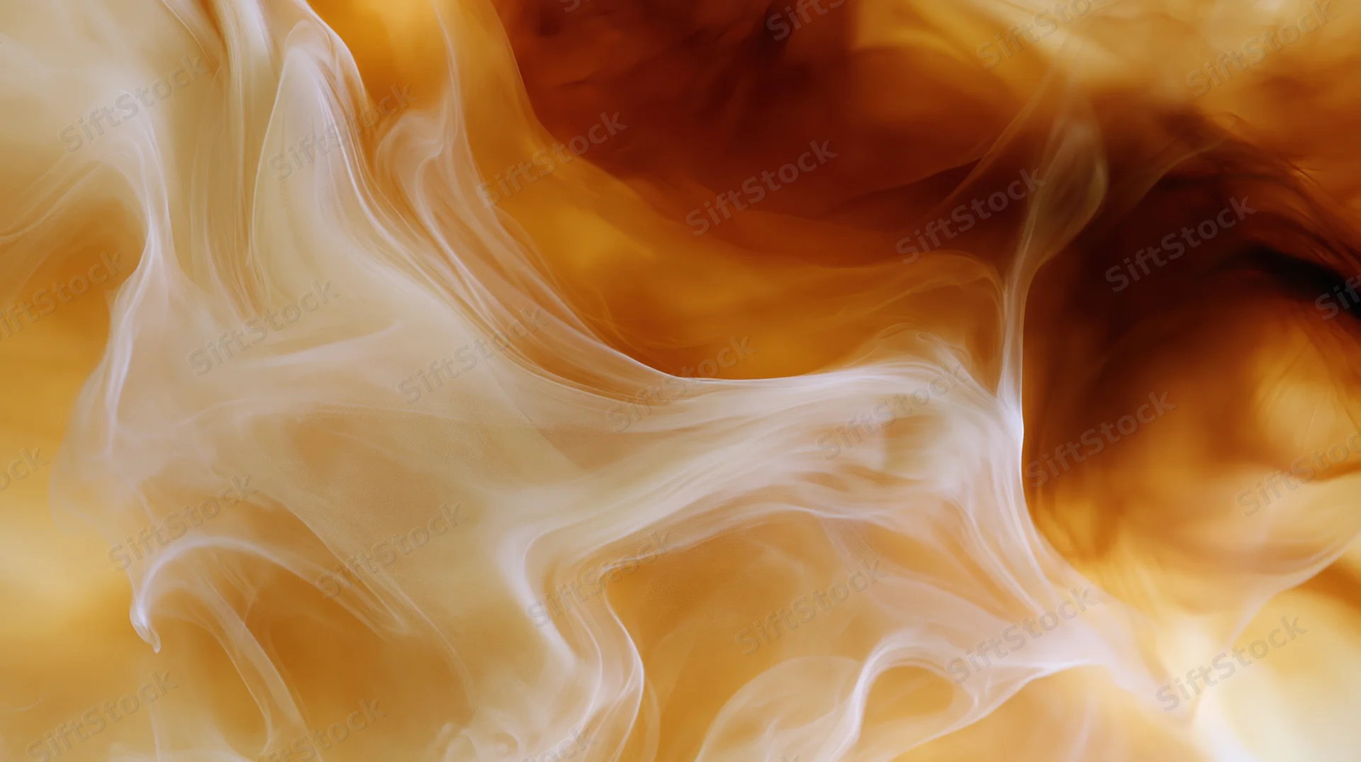 Swirling cream dissolving into iced coffee with golden steam patterns