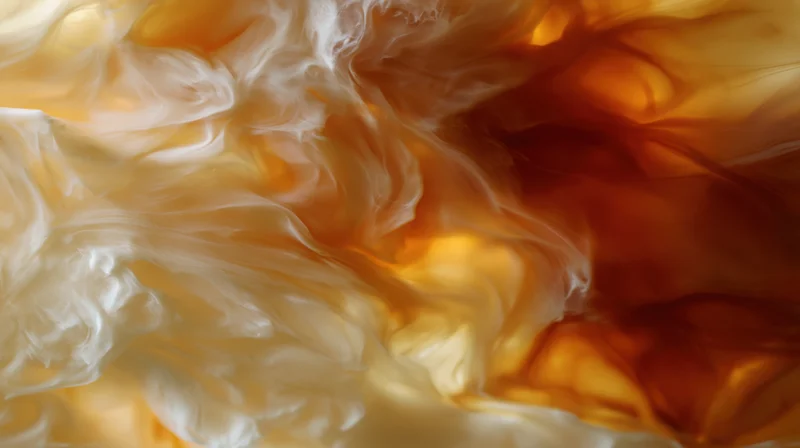 Swirling cream dissolving into iced coffee liquid