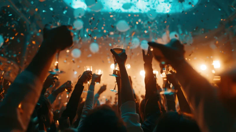Crowd raising glasses and drinks toward ceiling at a festive party with confetti and lights