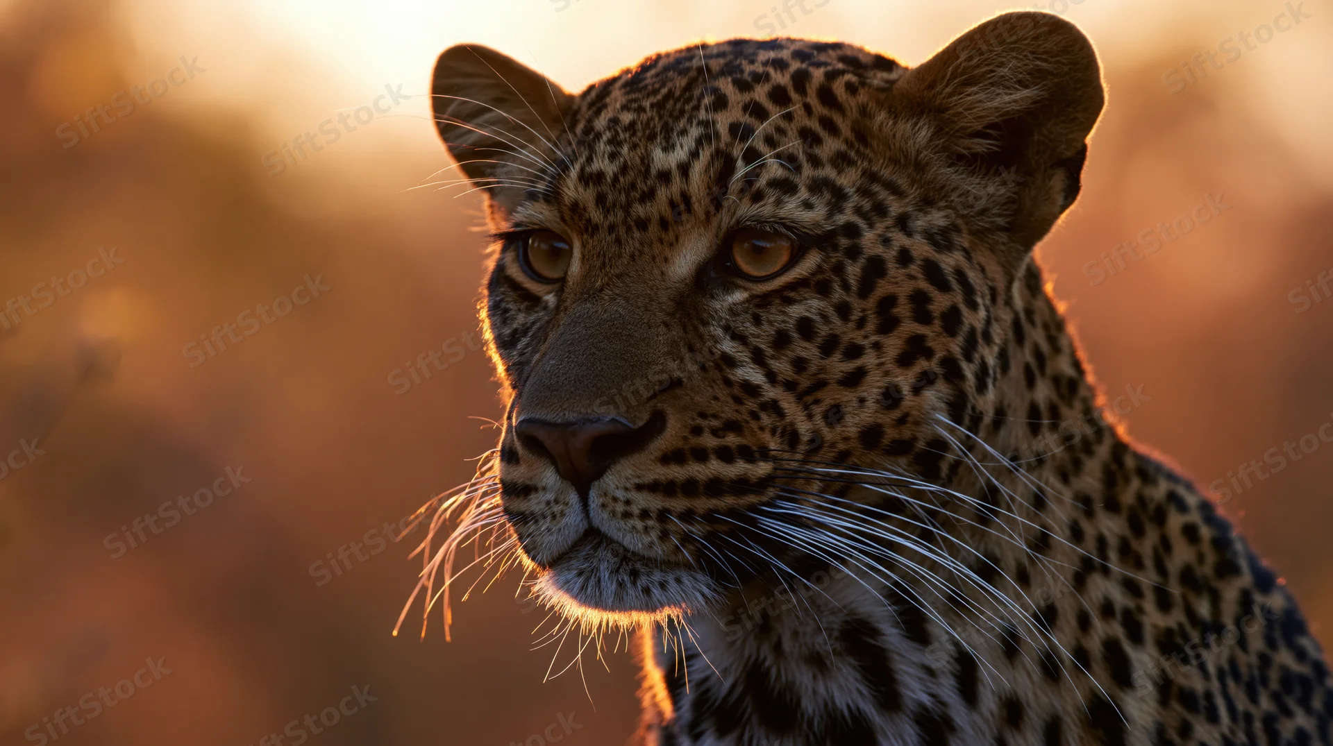 Leopard in profile gazing off-frame during golden hour in savanna habitat