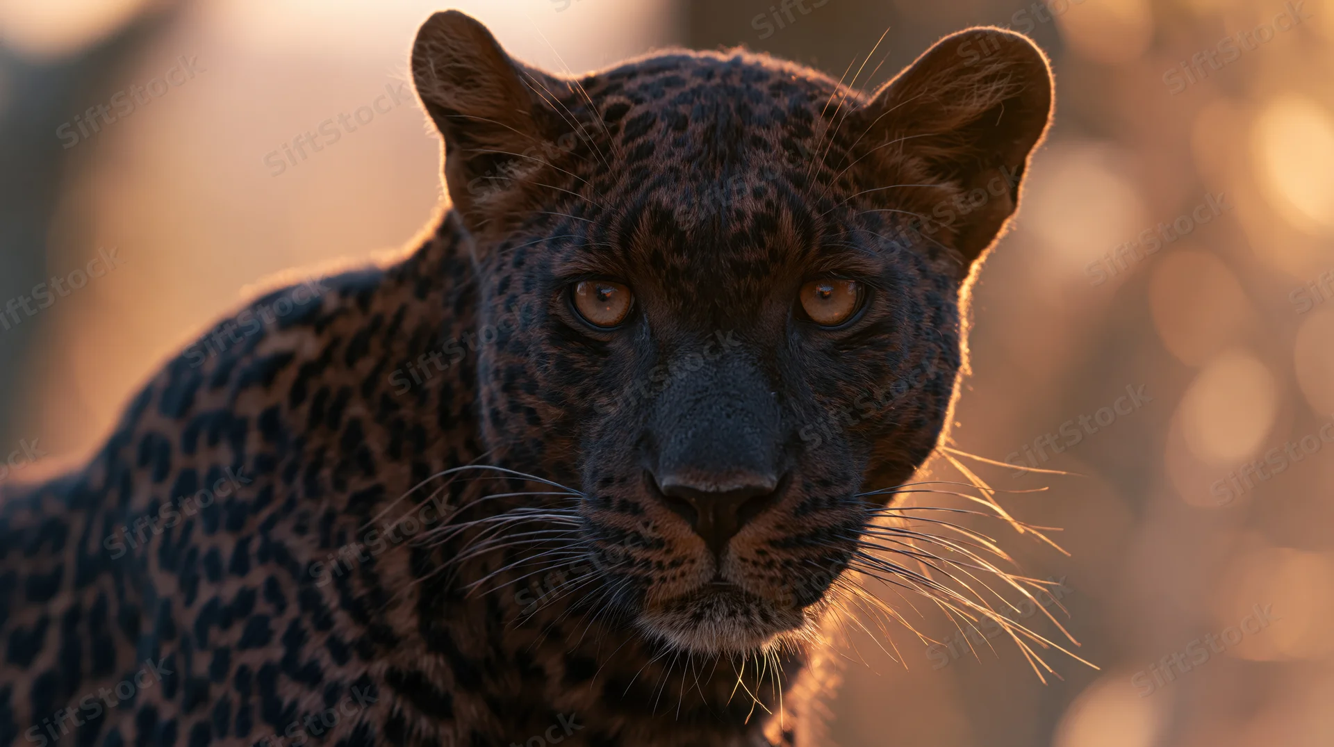 Dark-coated leopard turning head slightly with intense gaze in warm golden light