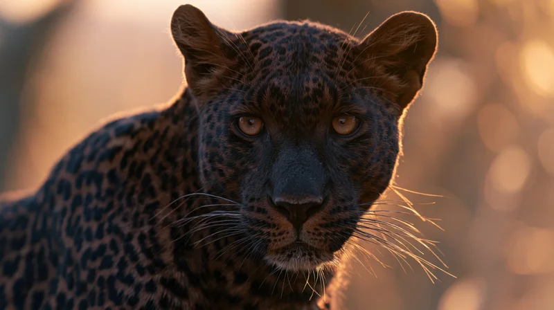 Dark-coated leopard turning head slightly with intense gaze in warm golden light