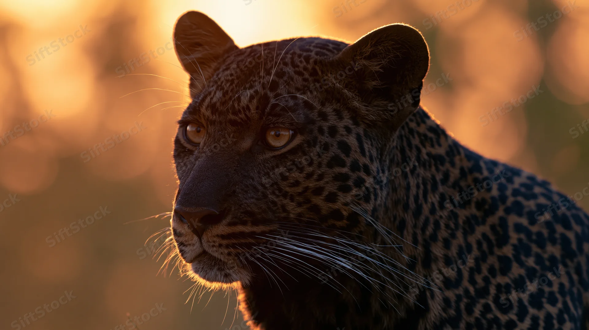Dark-coated leopard in profile gazing off-frame at golden hour in savanna habitat