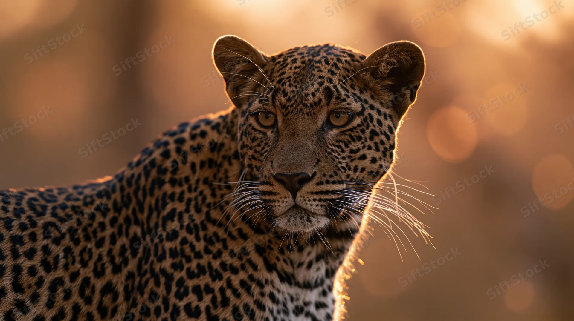 Leopard turning head slightly in golden light during sunset in forest habitat