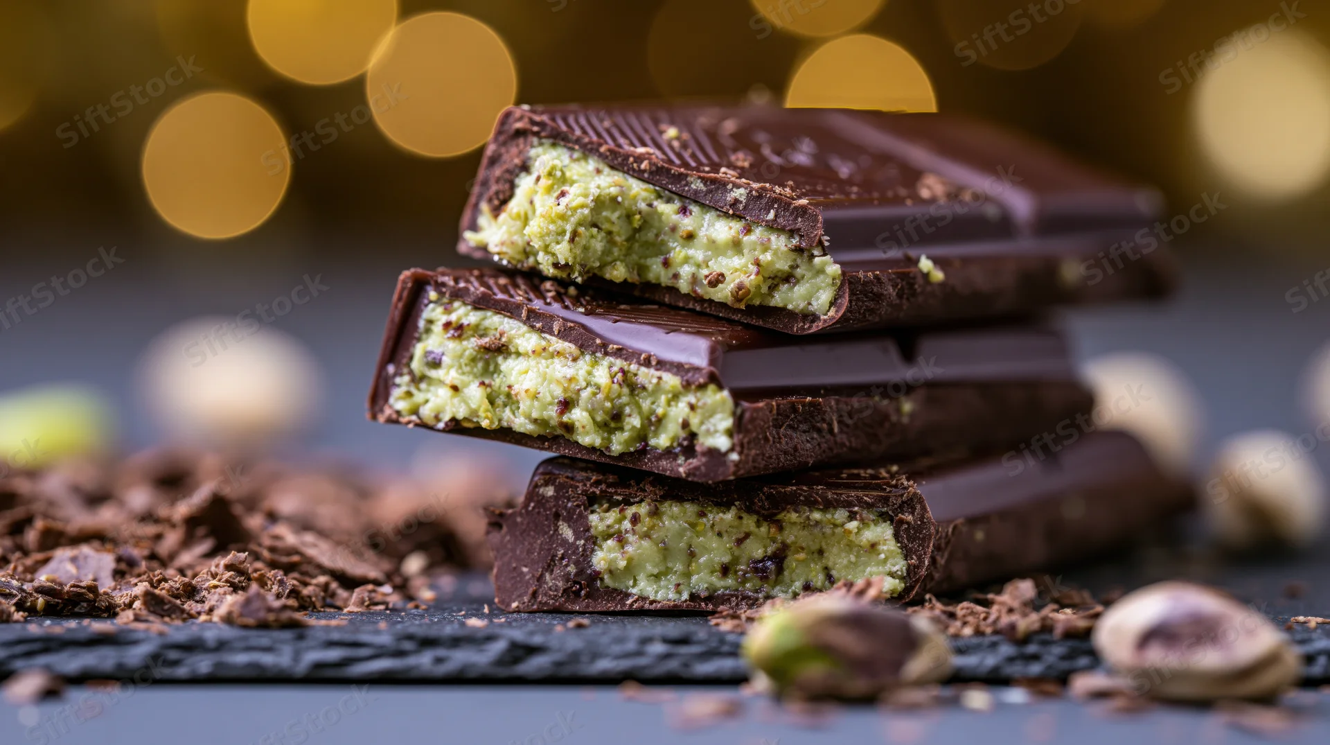 Broken dark chocolate bar with pistachio filling stacked on slate surface with scattered nuts and chocolate shavings