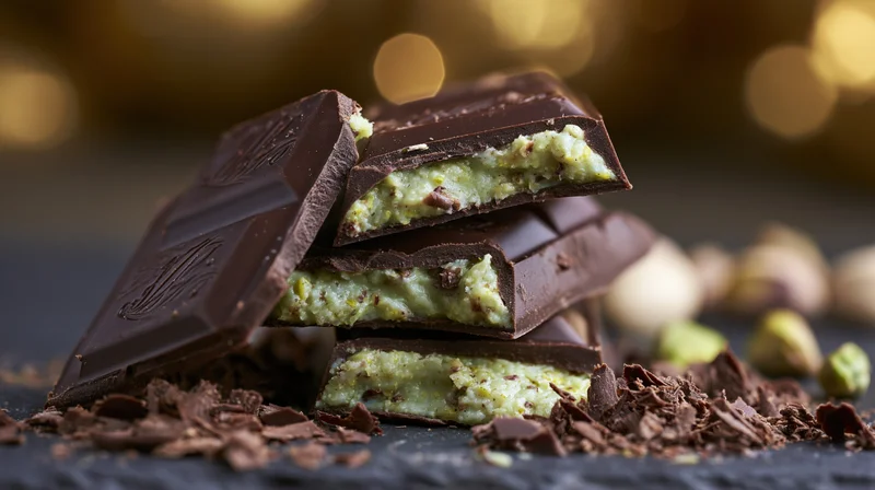 Broken dark chocolate bar with pistachio filling stacked on slate surface with golden bokeh background
