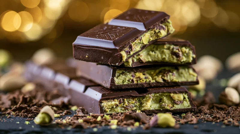 Broken dark chocolate bar with pistachio filling stacked on dark surface surrounded by scattered nuts and crumbs with golden bokeh lights in background