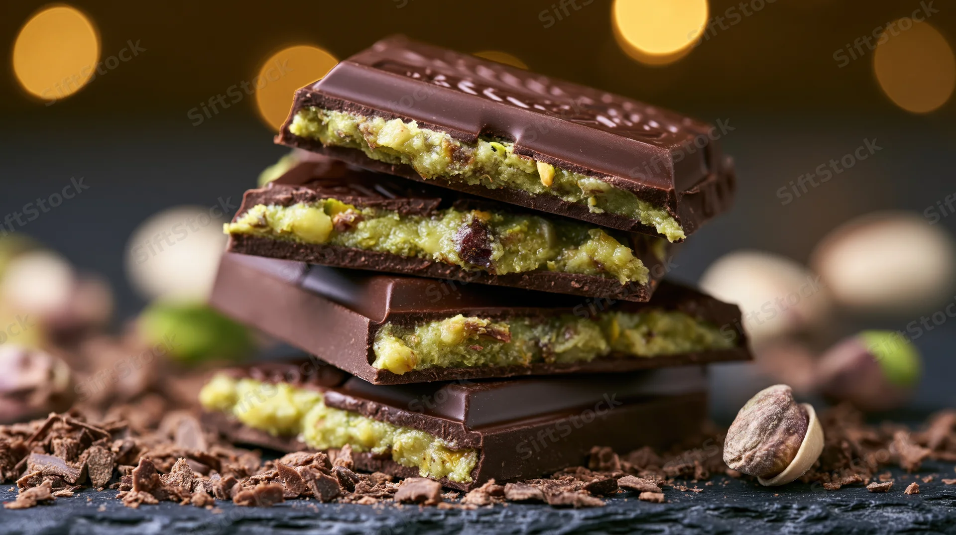 Broken dark chocolate bar with pistachio filling stacked on dark surface surrounded by crumbs and whole nuts
