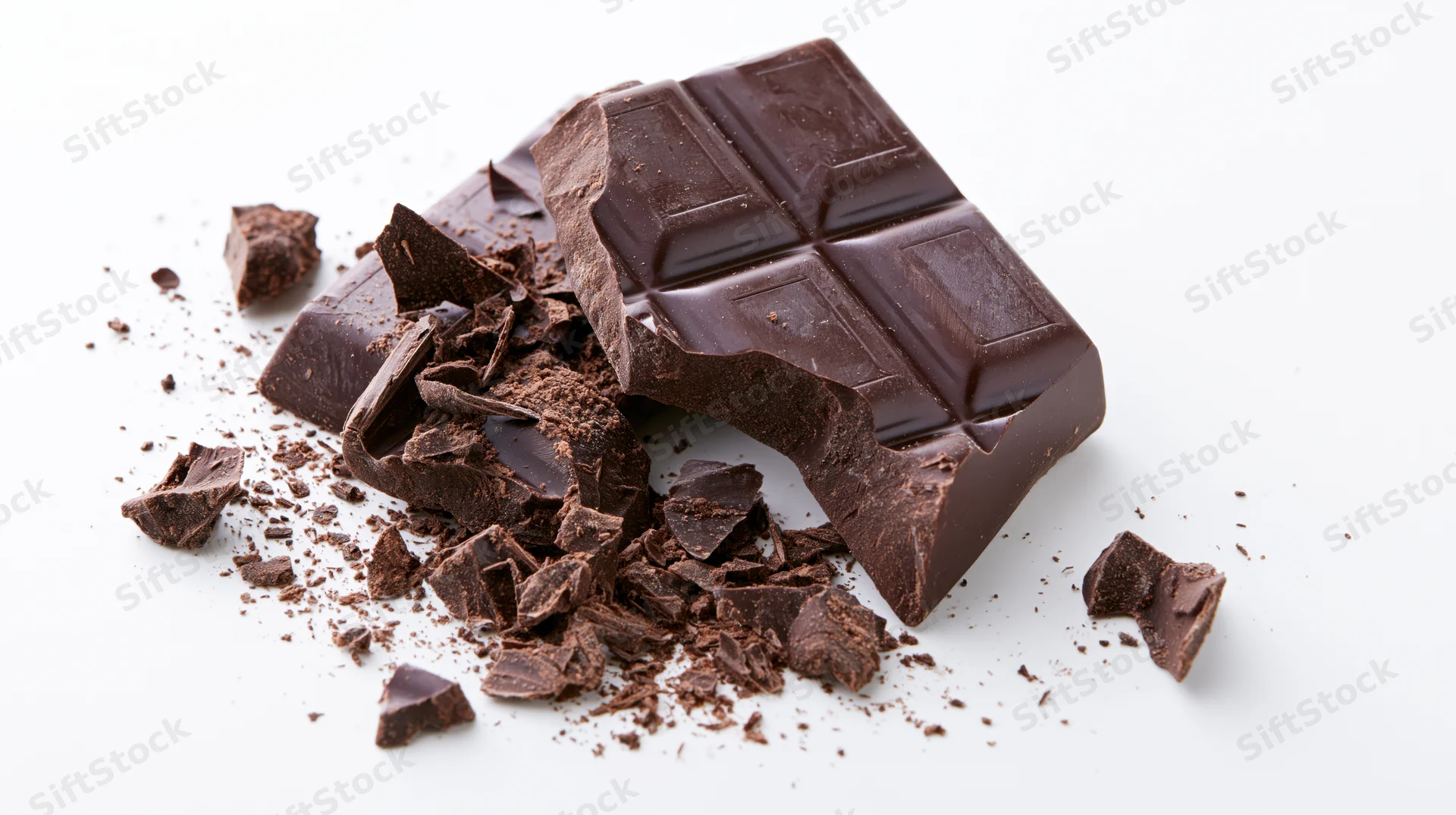 Broken dark chocolate bar with scattered pieces and crumbs on white background
