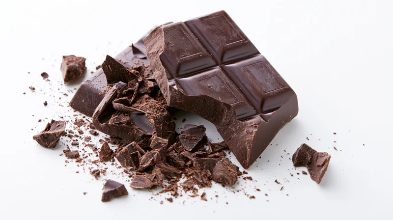 Broken dark chocolate bar with scattered pieces and crumbs on white background