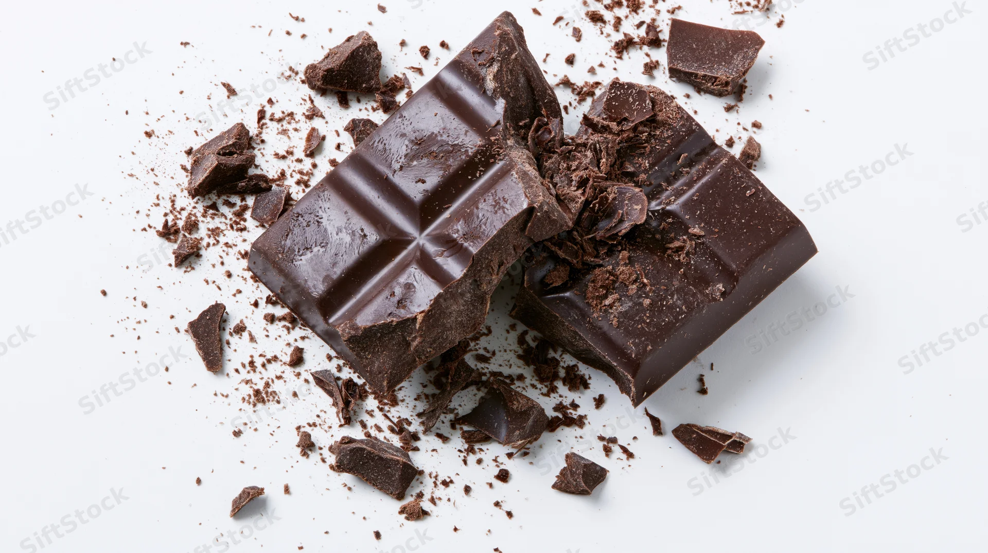 Broken dark chocolate bar with scattered pieces and crumbs on white background
