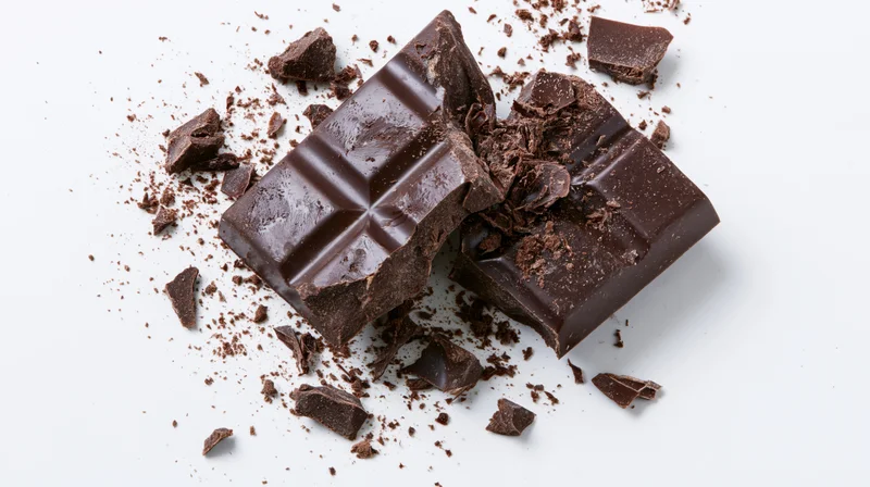 Broken dark chocolate bar with scattered pieces and crumbs on white background