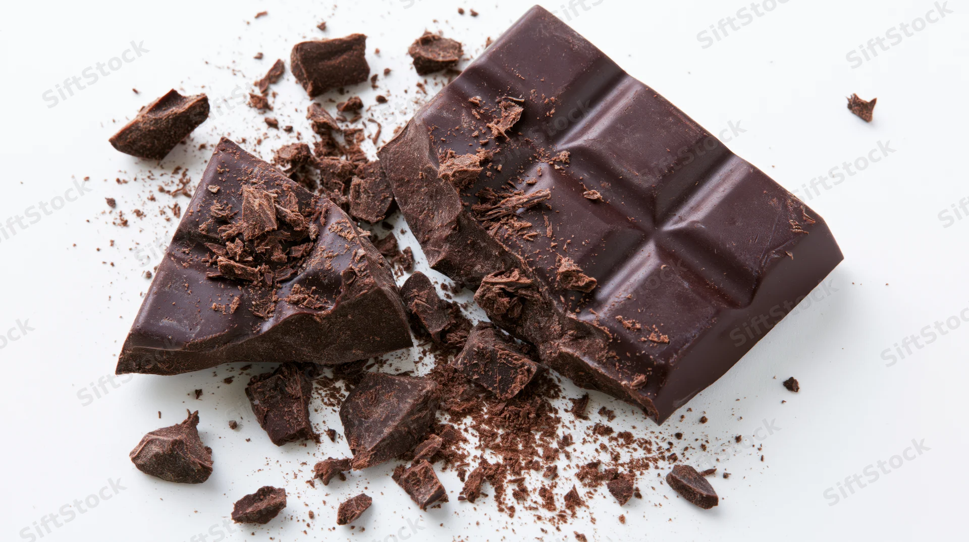 Dark chocolate bar broken into two large chunks with scattered pieces
