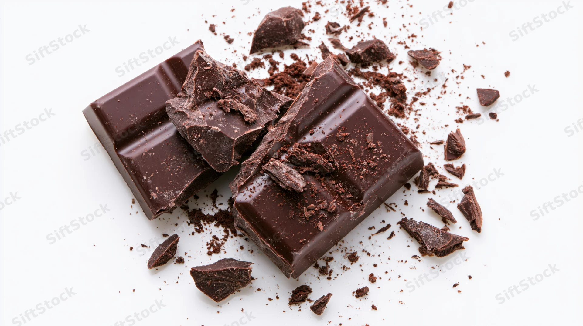 Broken dark chocolate bar with scattered pieces and crumbs on white background