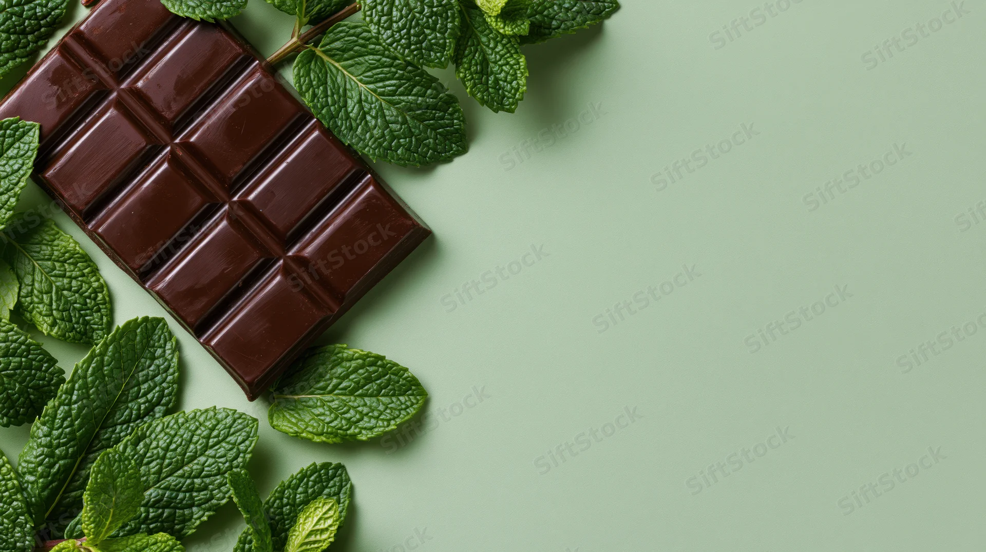 Dark chocolate bar with mint leaves arranged in the upper left corner on a green background