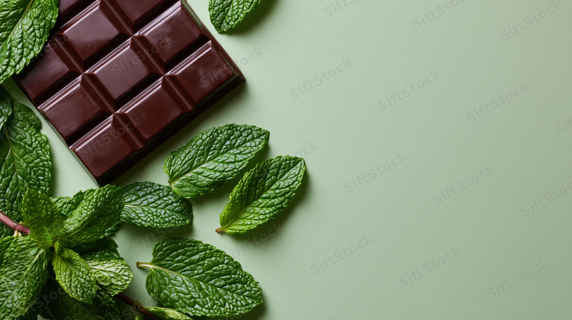 Dark chocolate bar with mint leaves arranged on a green surface