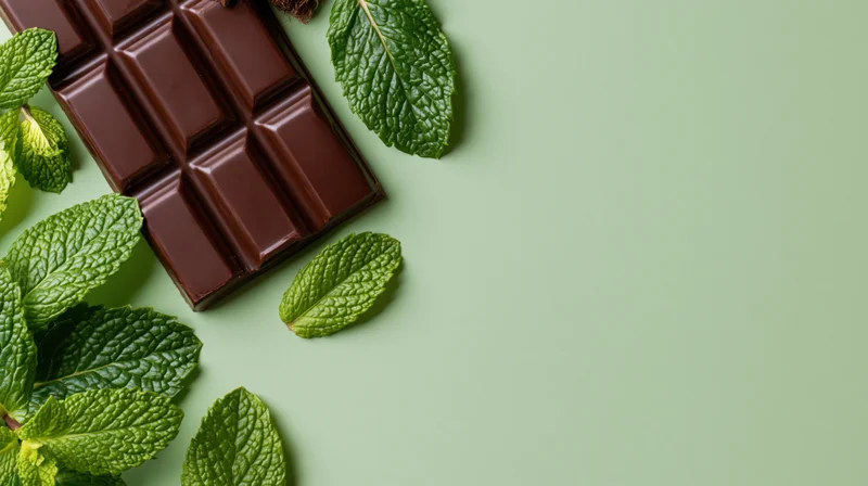 Dark chocolate bar with mint leaves arranged on a green surface