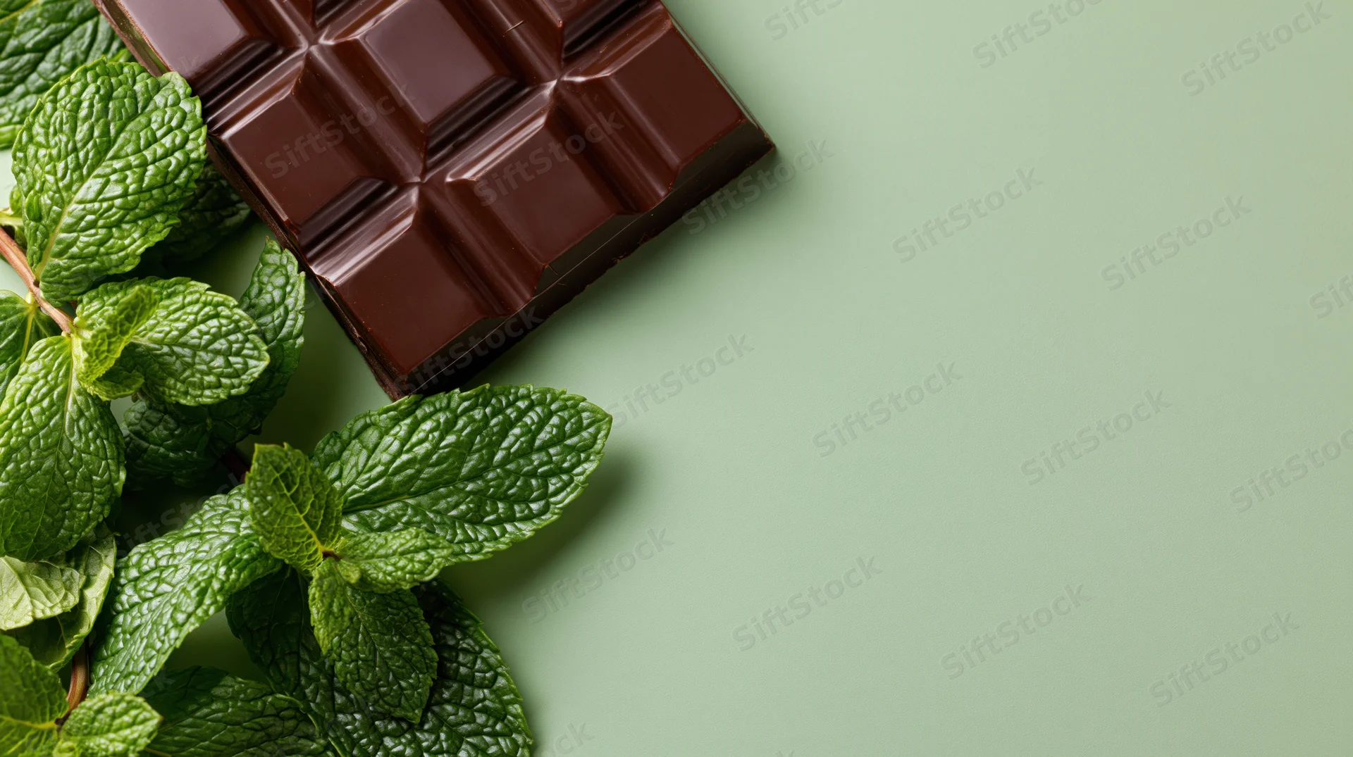 Dark chocolate bar with mint leaves arranged on a green surface
