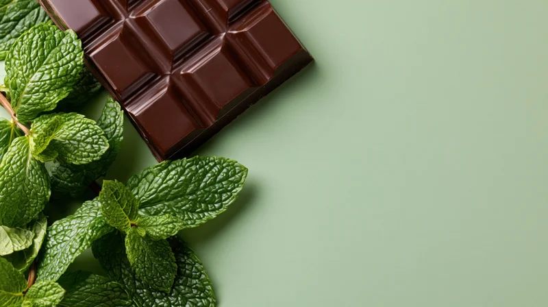 Dark chocolate bar with mint leaves arranged on a green surface