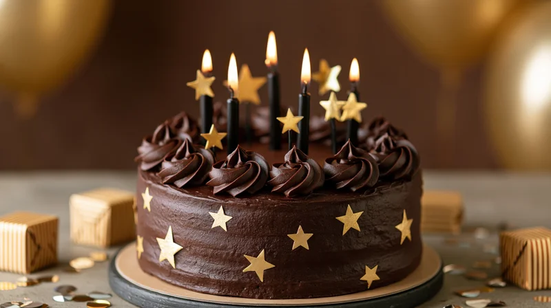 Chocolate birthday cake with lit black candles and gold stars on a table surrounded by party decorations