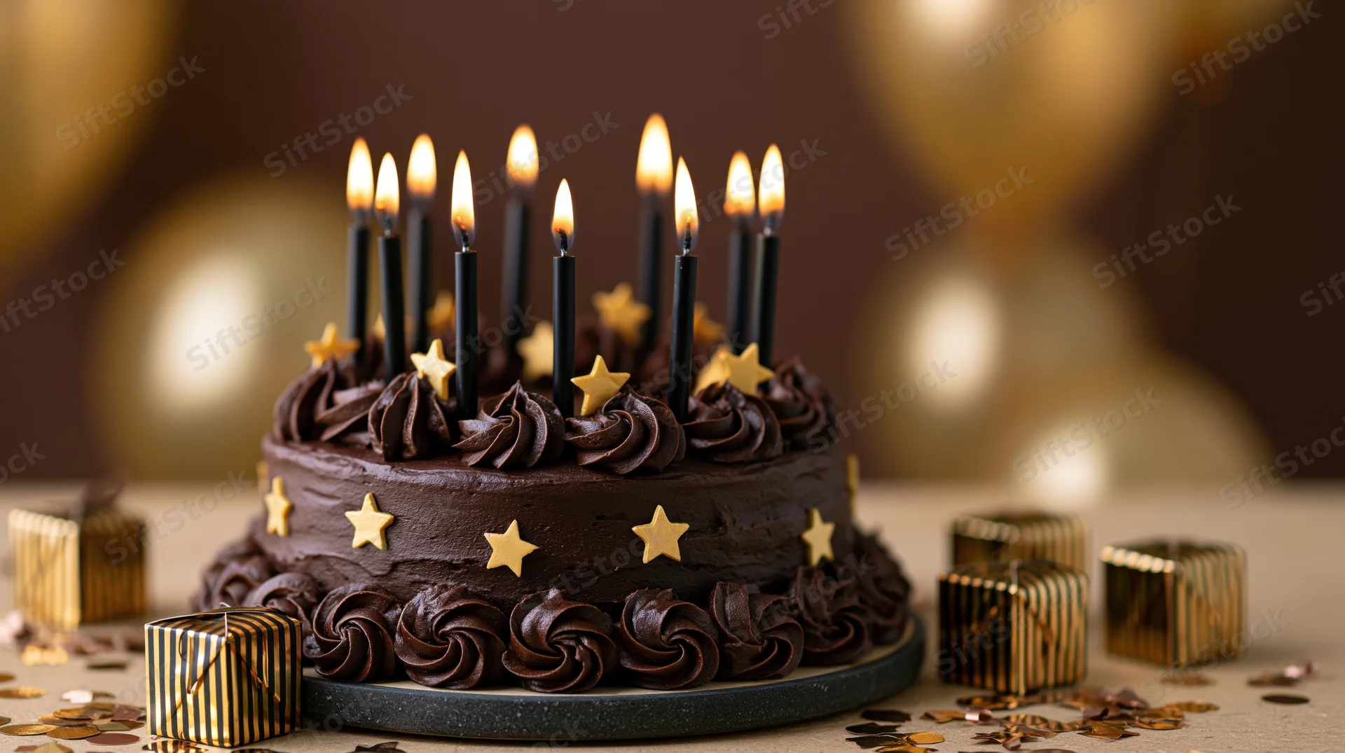 Chocolate birthday cake with lit black candles and gold stars on a table surrounded by party decorations