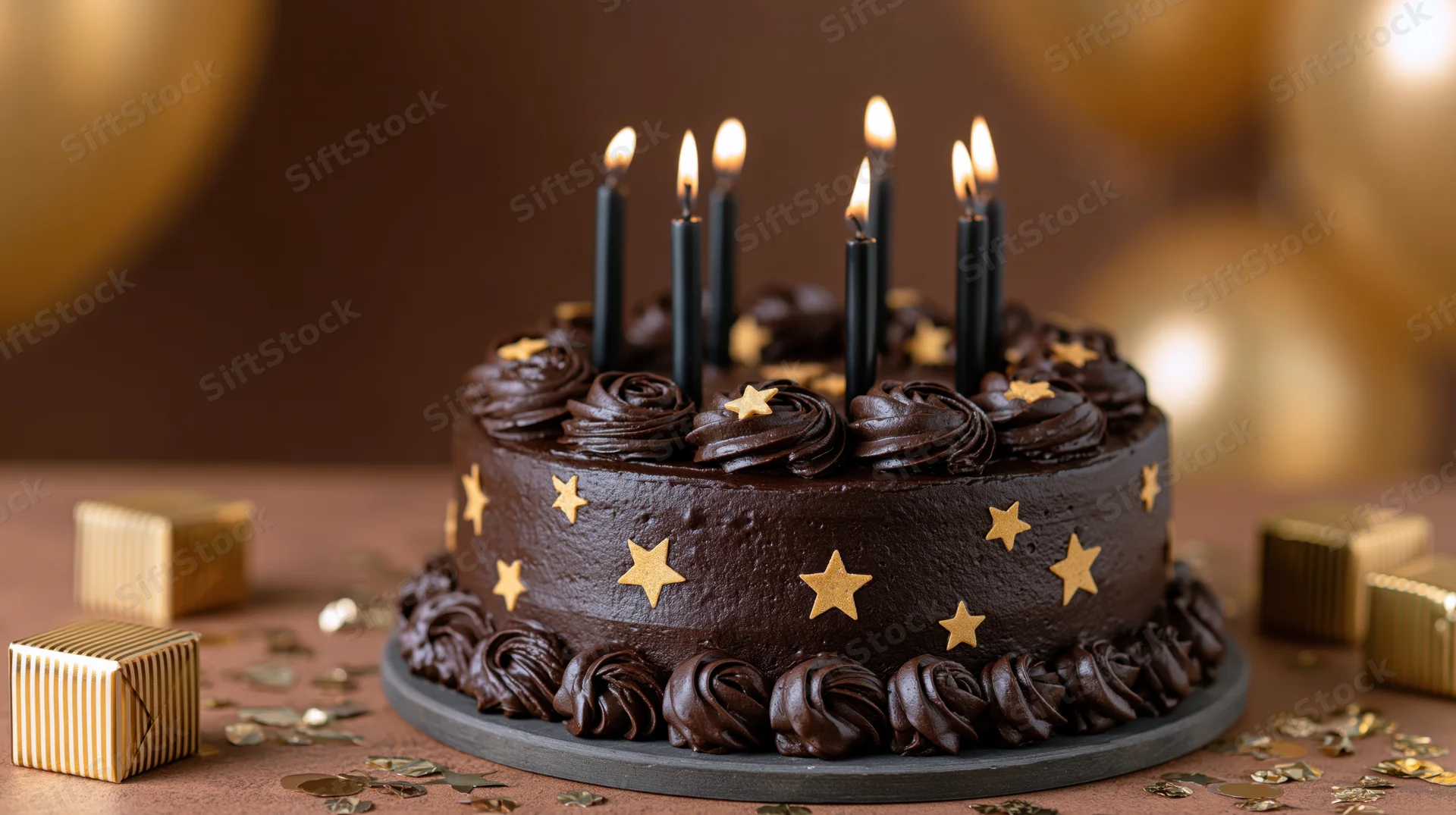 Chocolate birthday cake with lit black candles and gold stars on a table surrounded by gift boxes and confetti