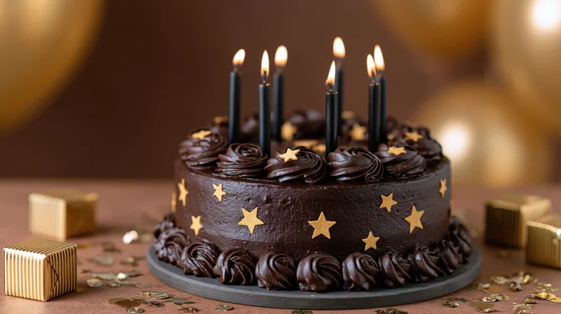 Chocolate birthday cake with lit black candles and gold stars on a table surrounded by gift boxes and confetti