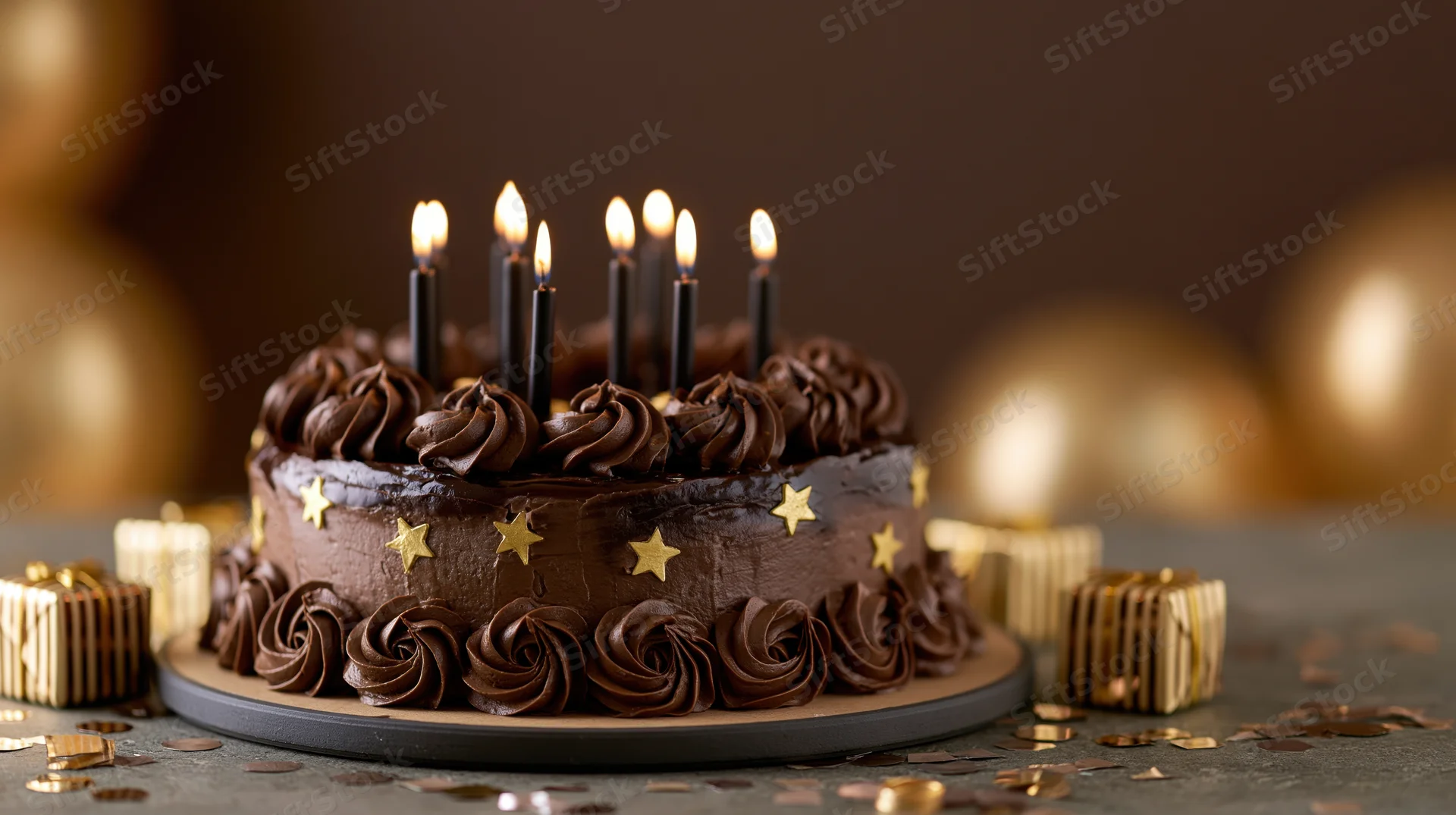 Chocolate birthday cake with lit black candles and gold stars on a dark surface surrounded by gifts and confetti
