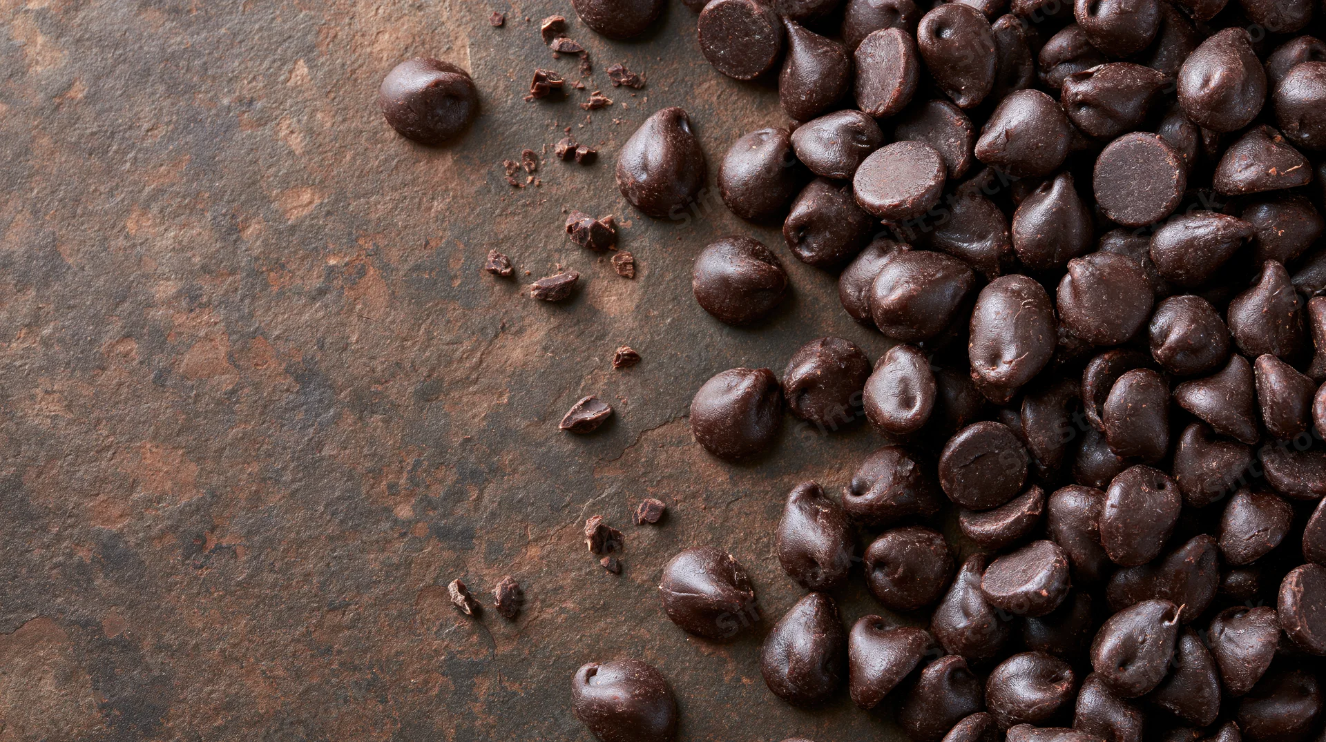 Dark chocolate chips scattered across a rusty surface