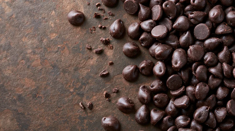 Dark chocolate chips scattered across a rusty surface