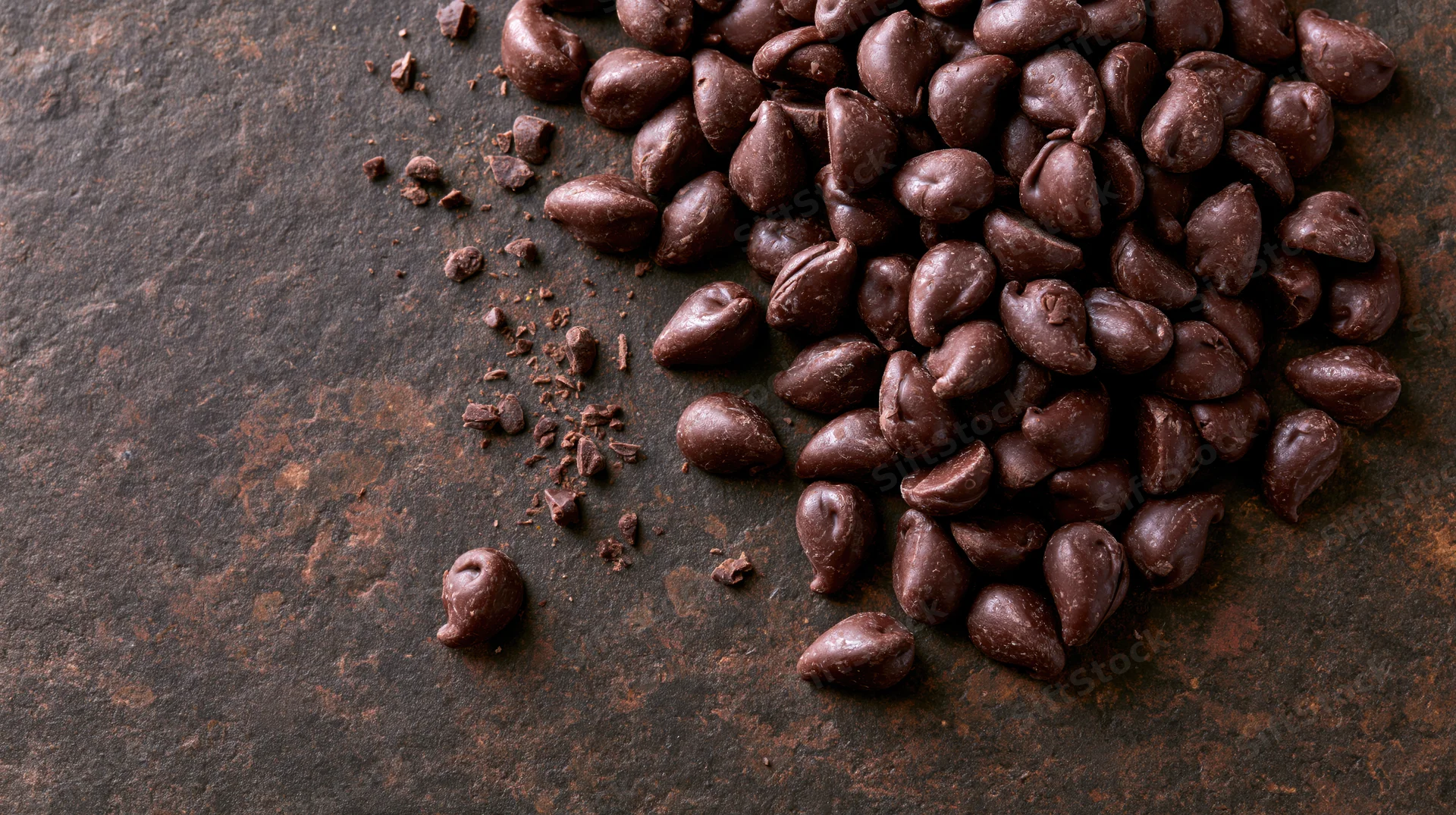 Dark chocolate chips scattered on a rusted metal surface with crumbs and fragments around