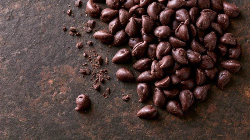 Dark chocolate chips scattered on a rusted metal surface with crumbs and fragments around