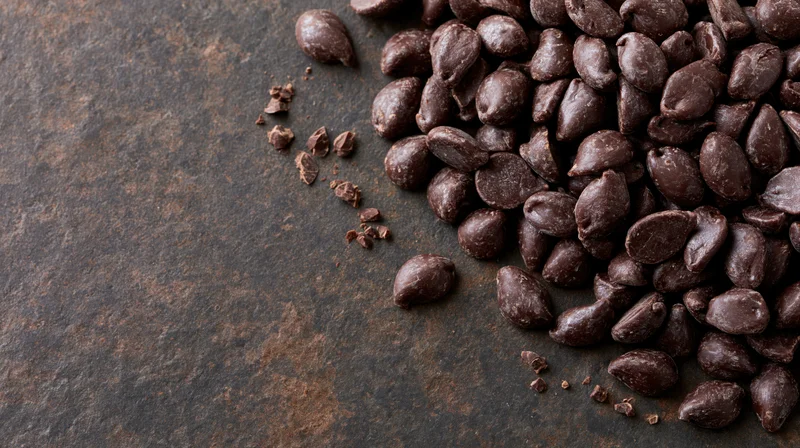 Dark chocolate chips scattered on a rustic metal surface with copyspace on the left