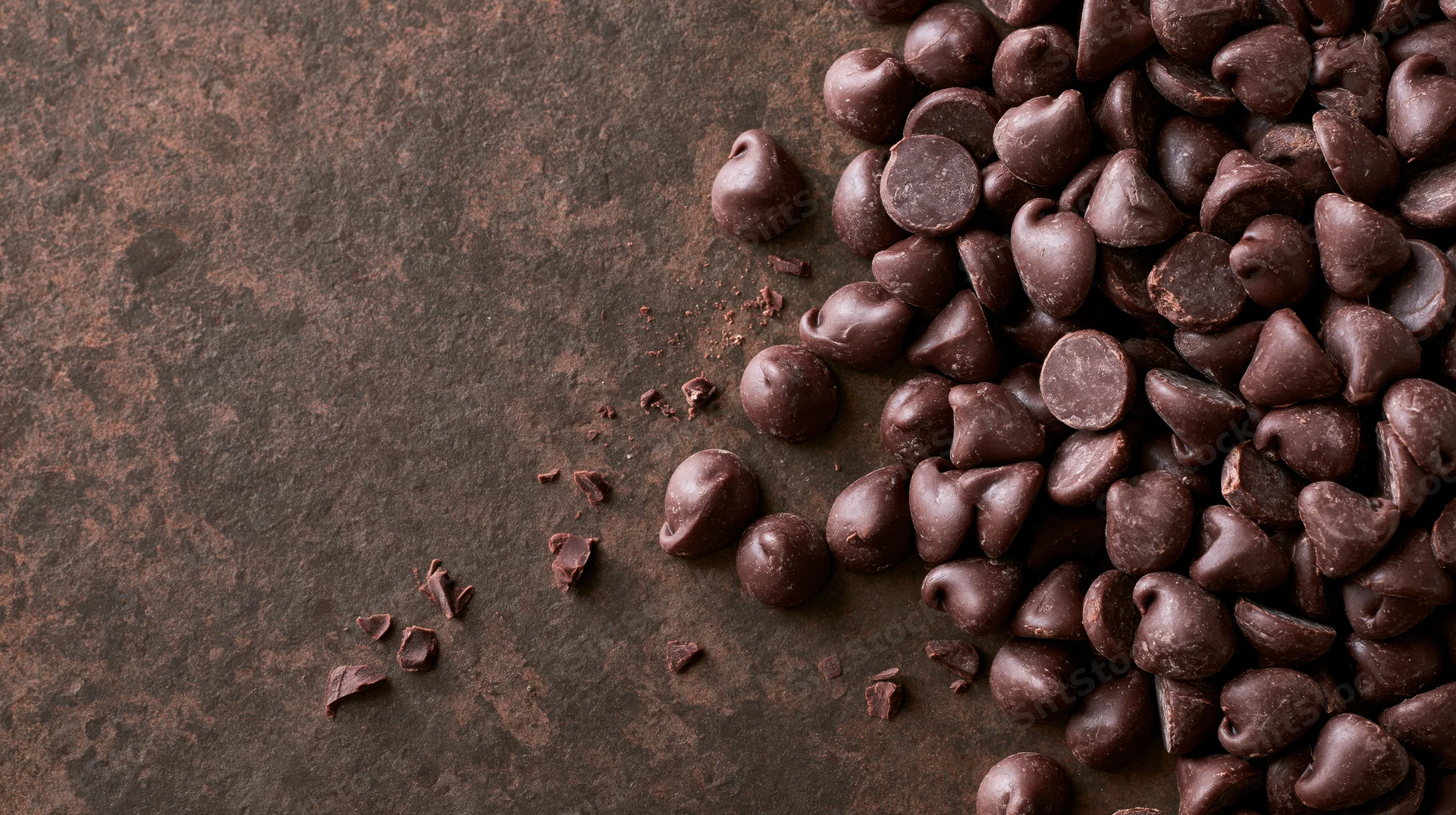 Dark chocolate chips scattered across a rustic metal surface with crumbs and fragments on the left