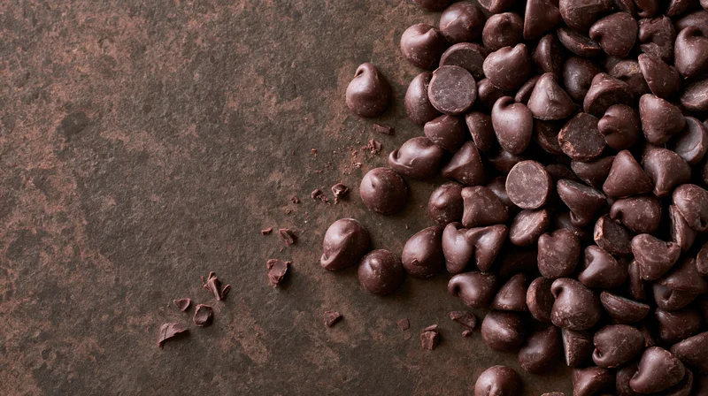 Dark chocolate chips scattered across a rustic metal surface with crumbs and fragments on the left