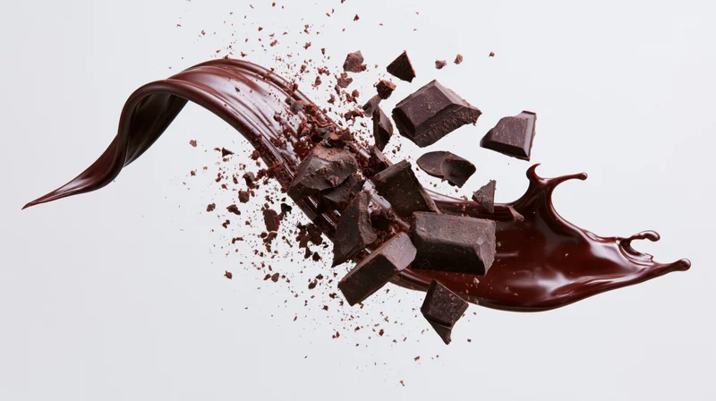 Dark chocolate chunks exploding mid-air alongside ribbon