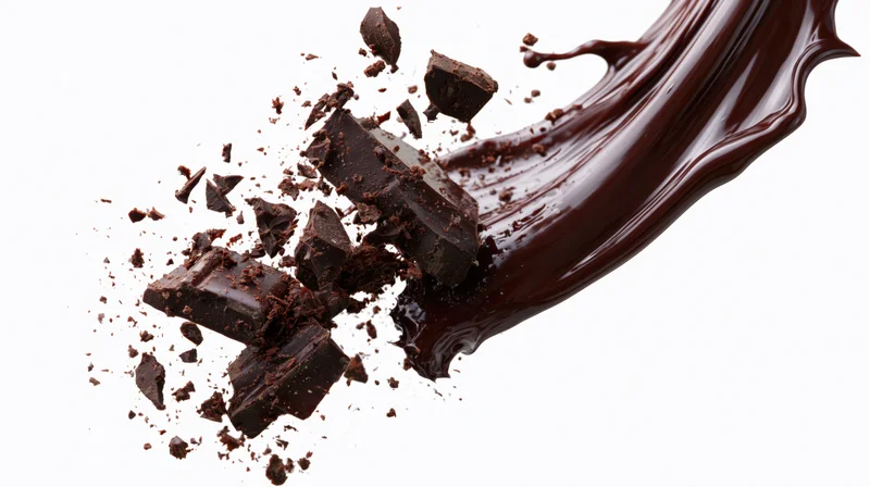 Dark chocolate chunks and shards exploding midair alongside flow