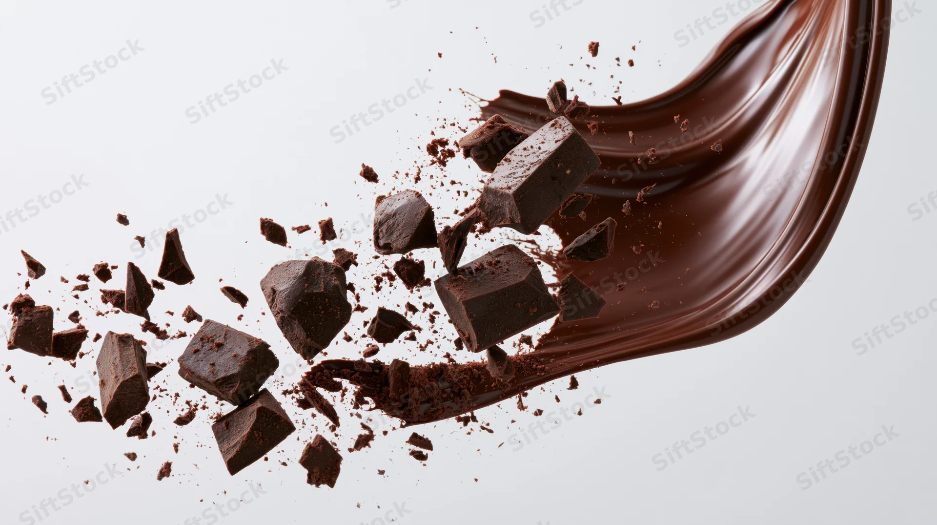 Dark chocolate chunks and shards exploding midair against a white background