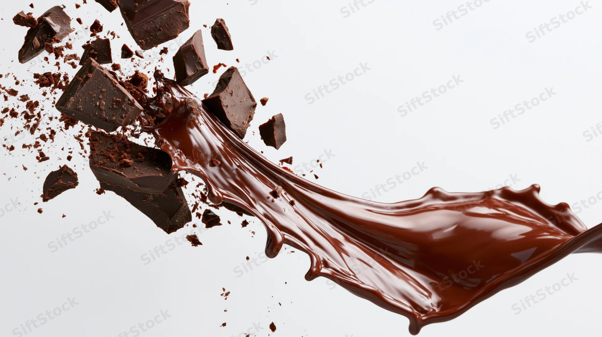 Dark chocolate chunks and shards exploding mid-air with liquid chocolate splashing against white background