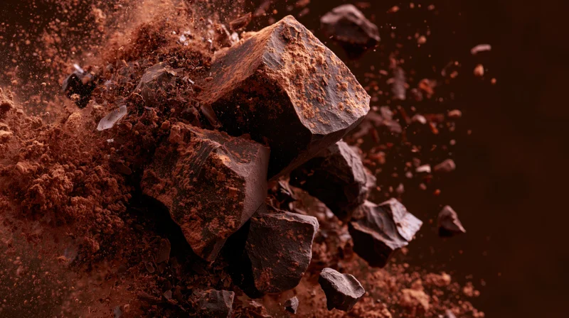 Dark chocolate chunks exploding mid-air with cocoa powder flying around