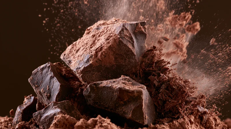 Dark chocolate chunks exploding midair with cocoa powder flying around them