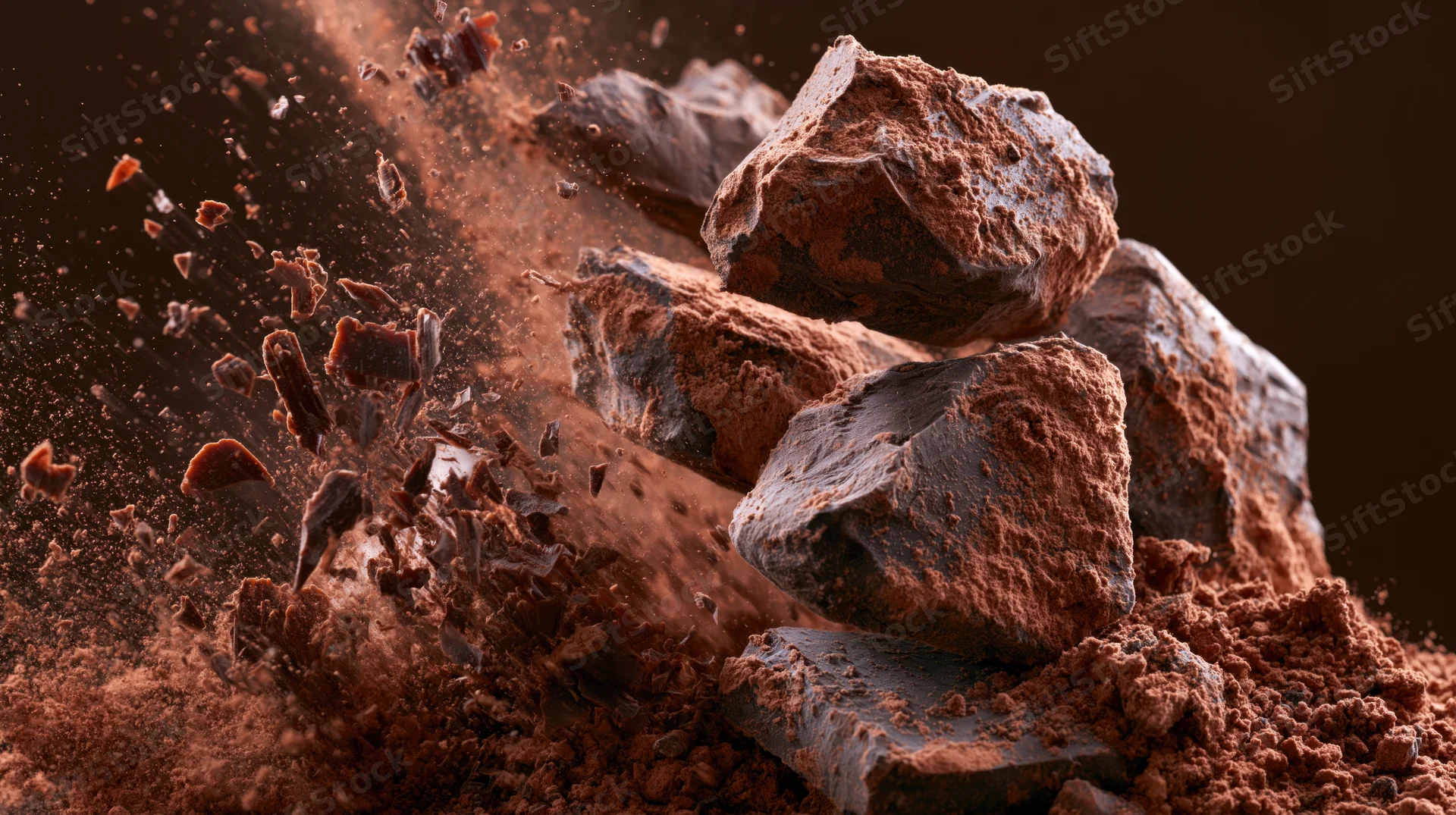 Dark chocolate chunks exploding midair with cocoa powder flying around them