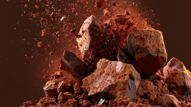 Dark chocolate chunks exploding midair with cocoa powder flying outward